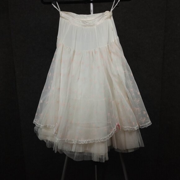 1950's White and Pink Bow Print Multi Layered Crinoline